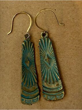 Turquoise Patina Brass Drop Earrings - Sunburst Design